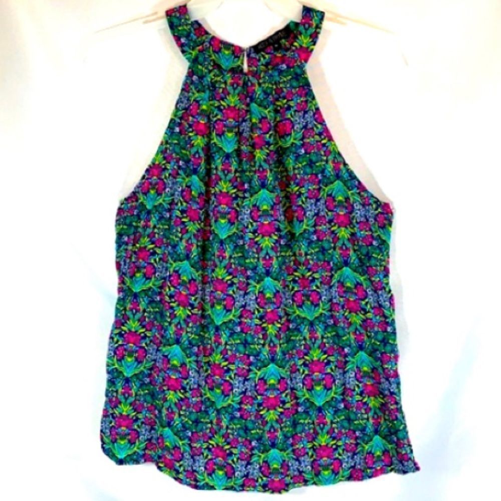 Rose and Thyme Pleated Front Blue Pink Racerback Floral Top M (A-092)